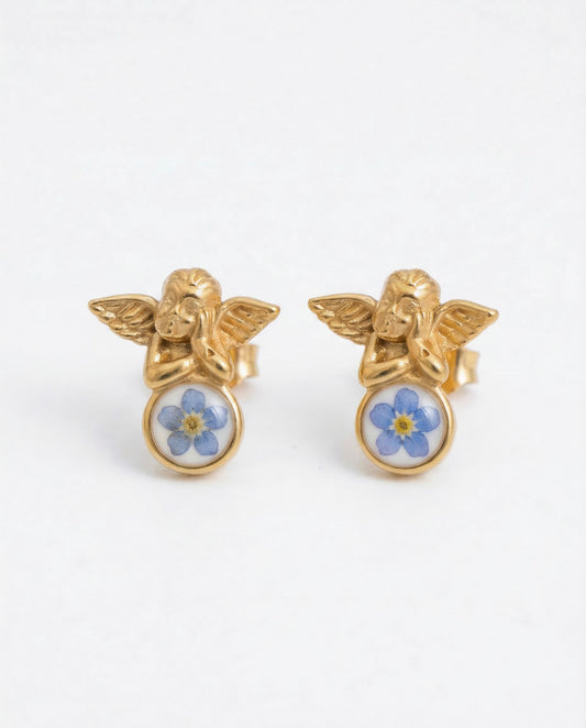 Orecchini Angioletto in Acciaio Inox con Fiore Vero Nontiscordardimé in Resina