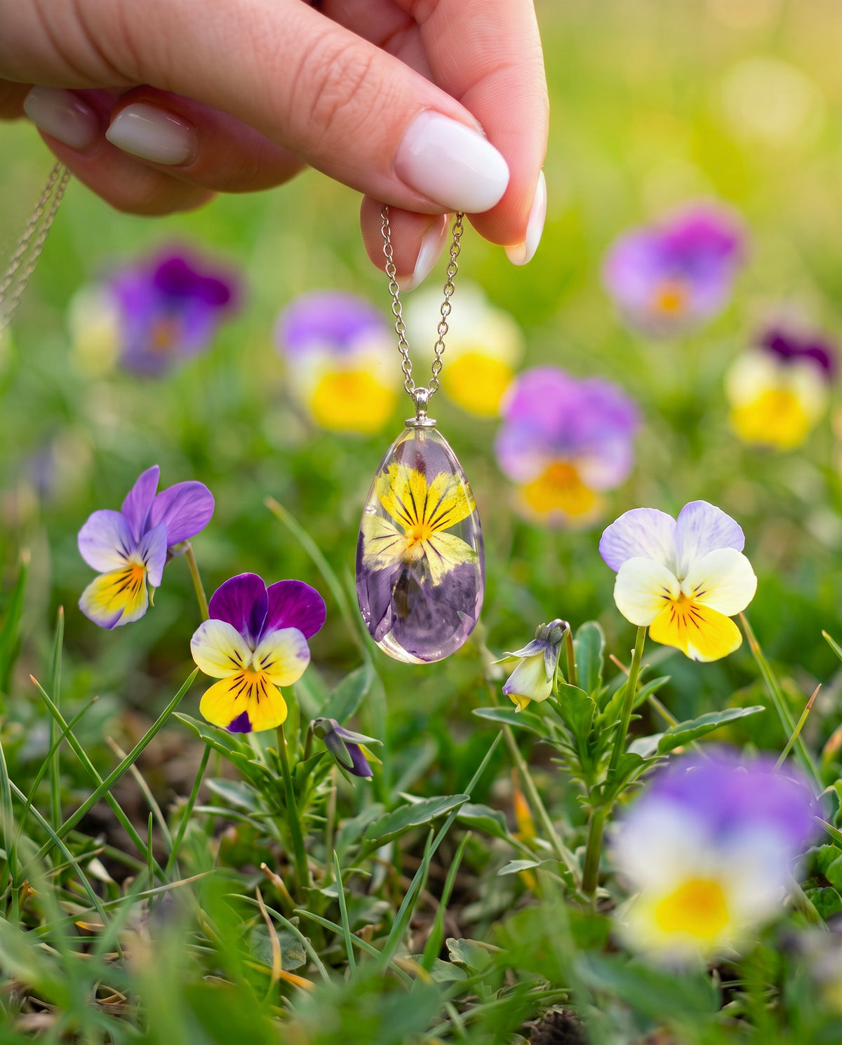 Collana RUGIADA in Resina con Viola del Pensiero e Montatura in Acciaio Inossidabile