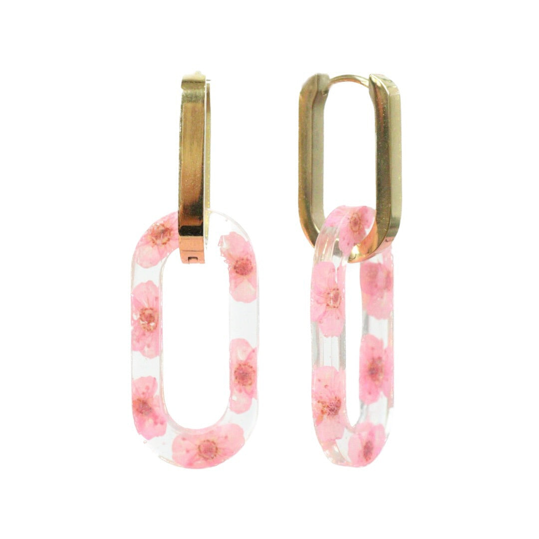 Paio di orecchini pendenti a CATENA in acciaio inox con resina e fiore selvatico rosa